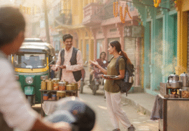 Firefly a backpaccker travelling and asking people for the places in india generate image wi 873918
