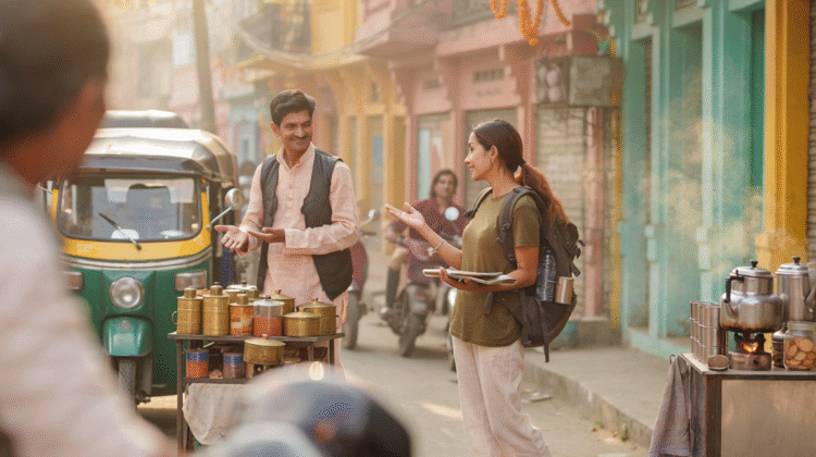 Firefly a backpaccker travelling and asking people for the places in india generate image wi 873918