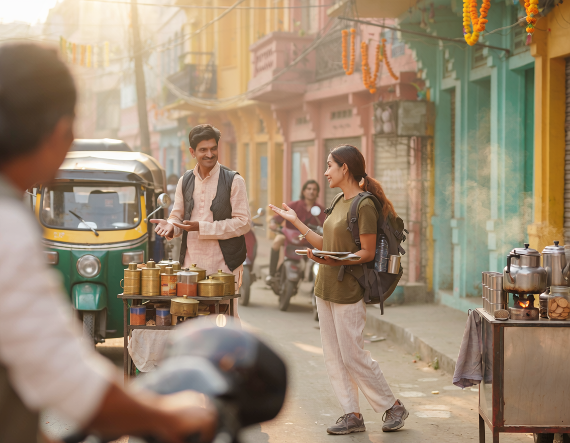 Firefly a backpaccker travelling and asking people for the places in india generate image wi 873918