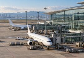 AI-generated representative view of a modern Japanese airport terminal and aircraft apron