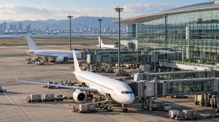 AI-generated representative view of a modern Japanese airport terminal and aircraft apron
