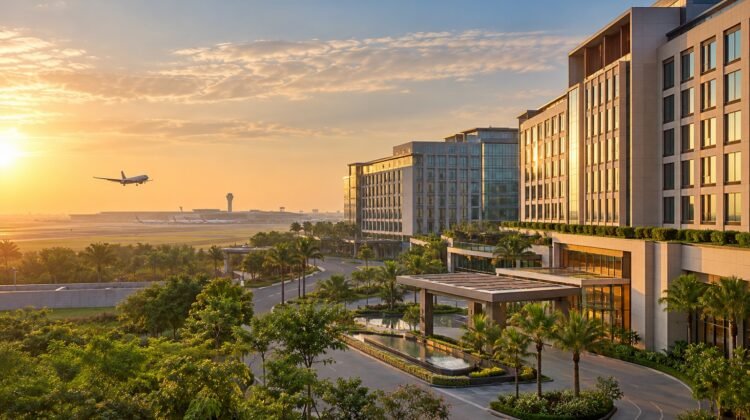 Representative airport hotels illustrating a planned 600-room hotel cluster — AI-generated