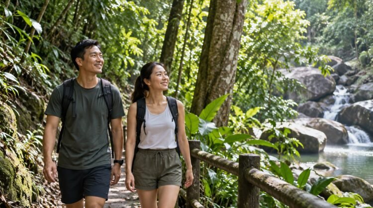 Purposeful travel in a lush tropical nature setting, AI-generated representative image