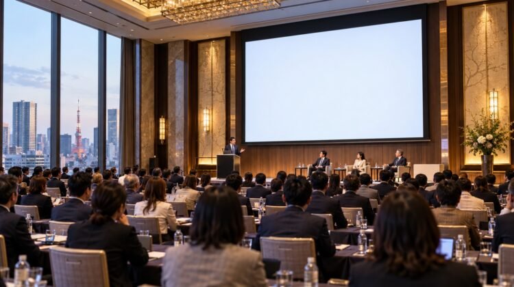 Hospitality Japan Conference setting, AI-generated representative hotel conference image