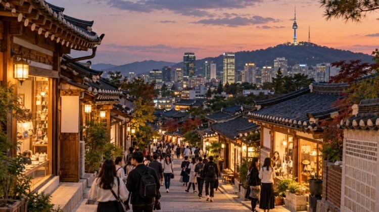 Seoul tourism spending and visitor activity in a city shopping district, AI-generated representative image