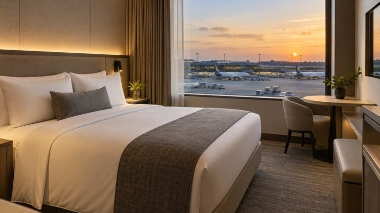 Swirl Transit Hotel concept at an airport, AI-generated representative hotel room image