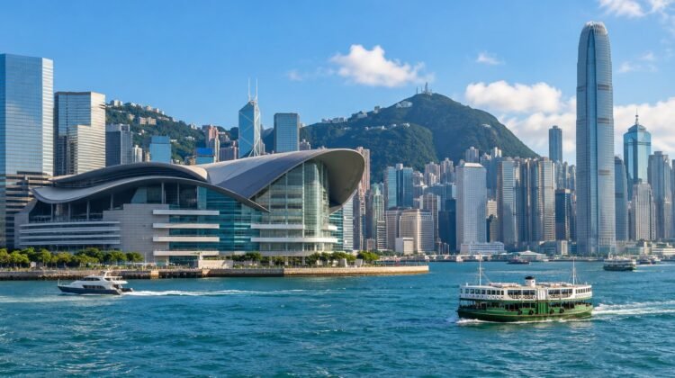 Hong Kong Convention and Exhibition Centre waterfront setting, AI-generated representative image
