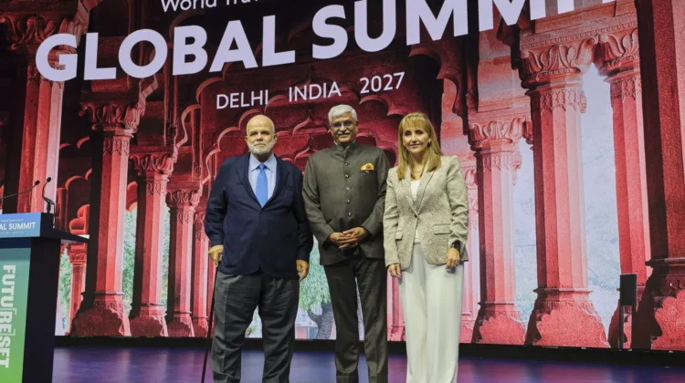 WTTC Global Summit 2027 Delhi India announcement with representatives on stage
